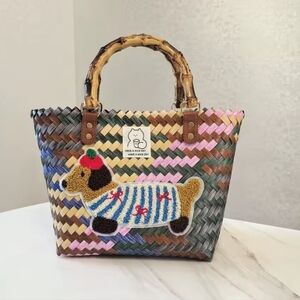 Nwt Woven Dog Bag With Bamboo Handles